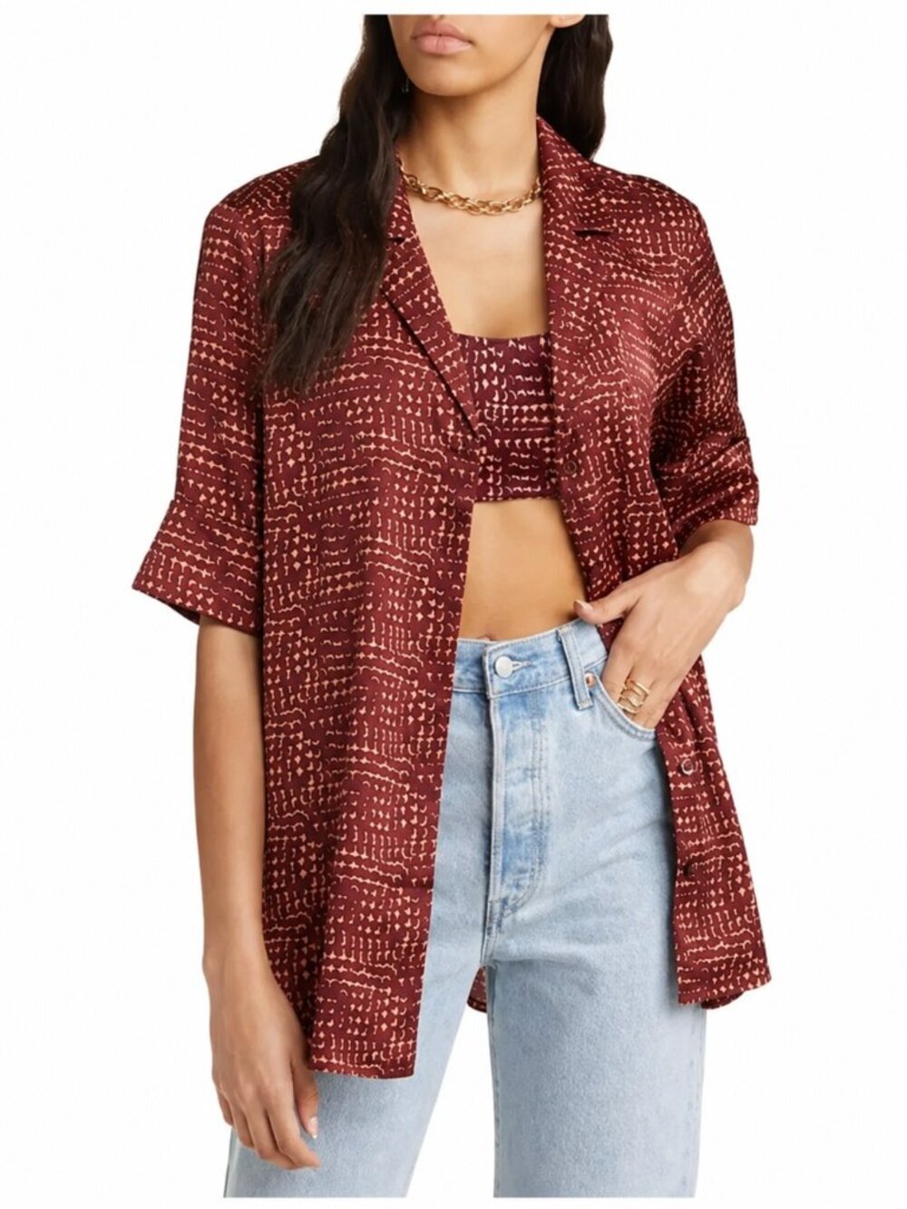NWT 2PC Open Edit Satin Camp Shirt and Bra top in Red Grape Eclipse Geo SZ Small